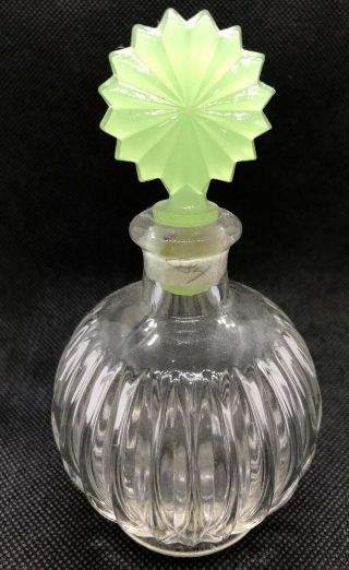 Vintage Clear Glass Perfume Bottle With Green Glass Stopper