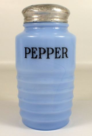 Vtg Jeannette Delphite Delfite Blue Milk Glass Pepper Spice Range Ribbed Shaker