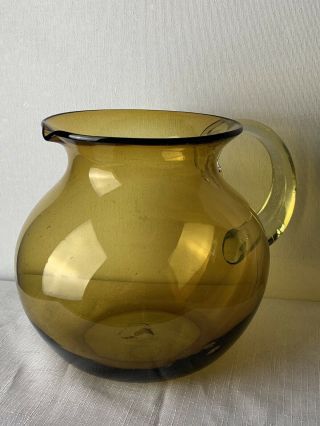 Vtg Ice Tea Water Pitcher Hand Blown Honey Amber Art Glass Decor 2.  5 Quarts