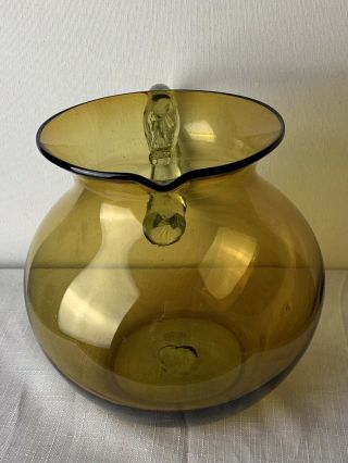 Vtg Ice Tea Water Pitcher Hand Blown Honey Amber Art Glass Decor 2.  5 Quarts 2