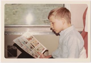 Great Vtg 60s Snapshot Photo Boy On Train Reading Dennis The Menace Comic Book