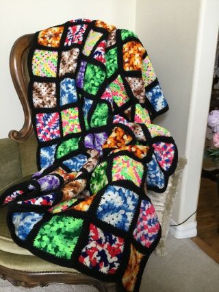 Vintage Granny Square Crochet Afghan Quilt Blanket Throw Black Multi Color 50x78