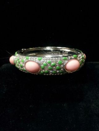 Vtg Gorgeous Signed Topit Off Silver Bangle W Pink Cabs & Jade Enameling Fun