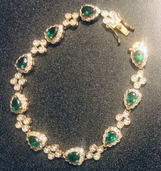 Vintage Jbk Emerald Green & Ice Rhinestone Tennis Bracelet Gold Tone
