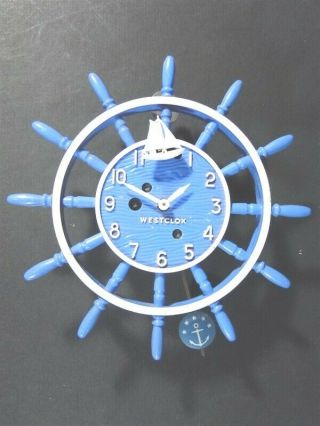 Vintage Westclox Wall Clock Blue Ship’s Wheel Sailboat Tbr