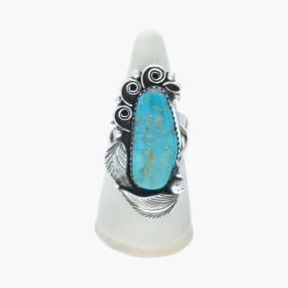 Navajo / Sterling Silver Vintage Elongated Turquoise Feathers / Ring 7.  5 (11g)