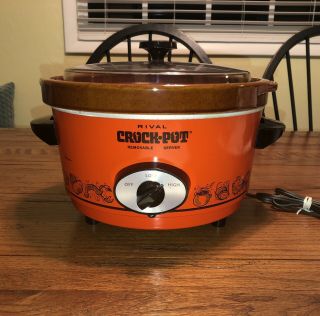 Vintage Rival 5 Quart Crock Pot Slow Cooker Orange W/plastic Venting Lid 1970 