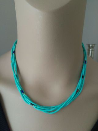 Vintage Turquoise Bead 5 Strand Necklace Sterling Silver