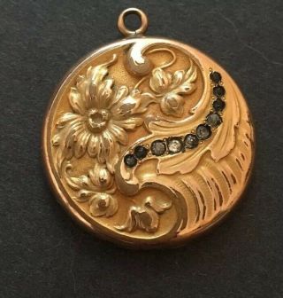 Vintage Victorian Art Nouveau Gf Gold Filled Locket Pendant Flower Rhinestone