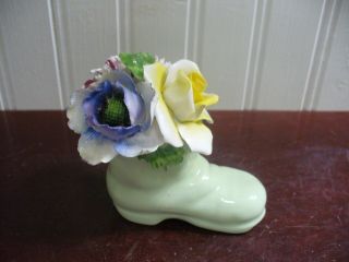 Vintage Radnor England Hand Made Bone China Floral Bouquet In Green Boot