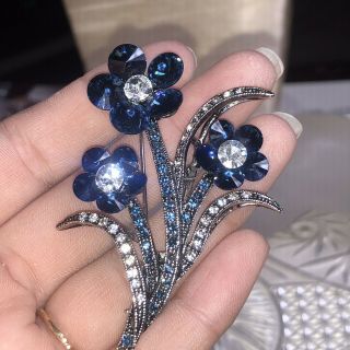 Vtg Flower Bouquet Crystal Rhinestone Pin Brooch Silver Blue Sapphire Rivoli