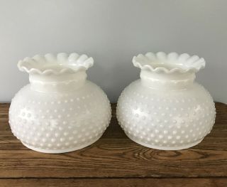 Pair Vintage White Milk Glass Hobnail Hurricane Lamp Shade Globe 6 3/4 " Fitter