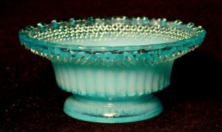 Vintage Blue Opalescent Art Glass Open Salt Dish Bowl 3 1/4 " Diameter Footed