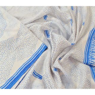 Sanskriti Vintage Cream Saree 100 Pure Silk Printed Craft 5 Yard Fabric Sari