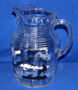 Vtg Clear Glass Water Pitcher W/ Ice Lip Black White & Gray Deer Trees Mountains