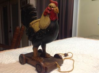 Vintage Folk Art Wooden Rooster Pull Toy On Wheels Farmhouse Painted Chicken.