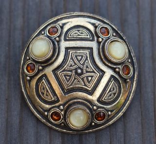 Vintage Signed Miracle Scottish Celtic Agate Shield Brooch Pin