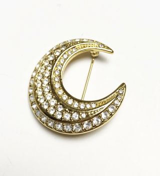 Vintage Signed Joan Rivers Rhinestone Half Crescent Moon Pin Brooch