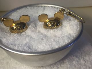 Vintage Gold Tone Mickey Mouse Ears Hat Dangle Pierced Earrings Signed Disney