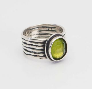 Vintage Modernist Signed Sterling Silver And Green Peridot Ring Size 11