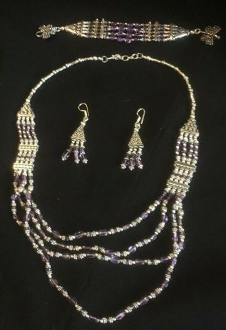 Vintage 3 Piece Amethyst Bead Silver Necklace Bracelet Earrings Set