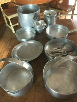 Vintage aluminum/tin Nesting Cooking Camp Set of Pots,  Pans,  Dishes,  Cups 2