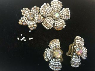 Vintage Signed Miriam Haskell Rhinestone Seed Pearl Brooch Pin Earrings Repair