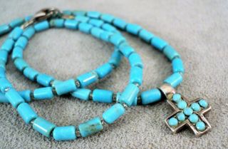 Vtg Turquoise & Sterling Silver Necklace With Dainty Cross Pendant - Estate Find