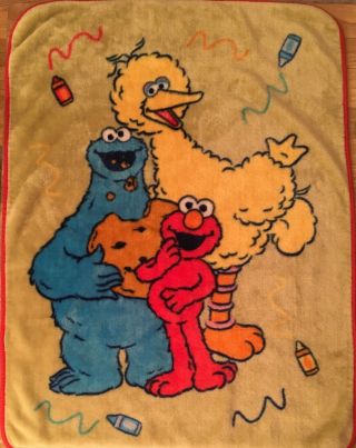 Vintage Sesame Street Plush Baby Blanket Big Bird Elmo Cookie Monster 32x42