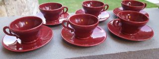 Set Of 6 Vintage Franciscan Pottery El Patio Glossy Maroon Footed Cups & Saucers