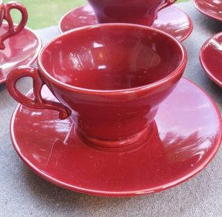 Set of 6 Vintage Franciscan Pottery El Patio Glossy Maroon Footed Cups & Saucers 2