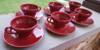 Set of 6 Vintage Franciscan Pottery El Patio Glossy Maroon Footed Cups & Saucers 5