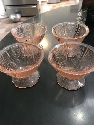 Vintage Pink Depression Glass " Cherry Blossom " Footed Sherbert Set Of 4