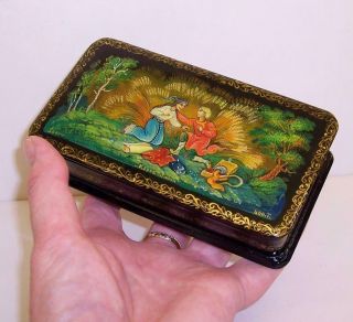 Vintage Signed Russian Lacquered Trinket Box Black/red/gold Lovers Boy/girl