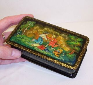 Vintage SIGNED Russian LACQUERED Trinket BOX Black/Red/Gold LOVERS Boy/Girl 2