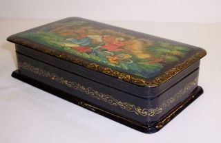 Vintage SIGNED Russian LACQUERED Trinket BOX Black/Red/Gold LOVERS Boy/Girl 3