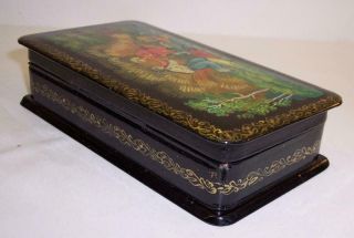 Vintage SIGNED Russian LACQUERED Trinket BOX Black/Red/Gold LOVERS Boy/Girl 4