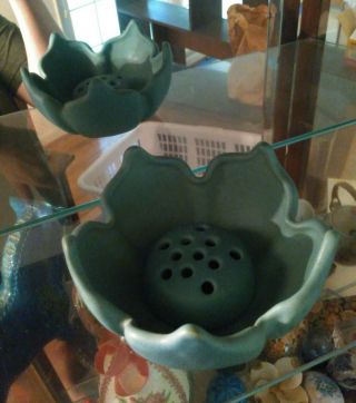 Vintage Van Briggle Ming Blue Flower Bowl W/flower Frog 2 Pc Set Colorado