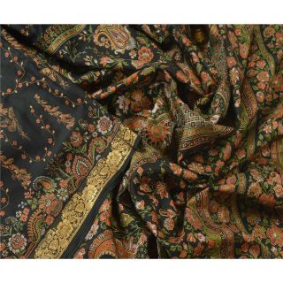 Sanskriti Vintage Black Saree Pure Silk Printed Sari Craft Zari Border Fabric