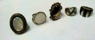 5 Vintage Sterling Silver Rings W/ Mother Of Pearl & Black Onyx,  Marcasites