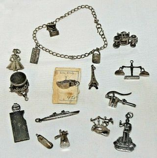 (16) Vintage Estate Silver Plated Movable Charms,  Bracelet,  (1) Sterling Excel