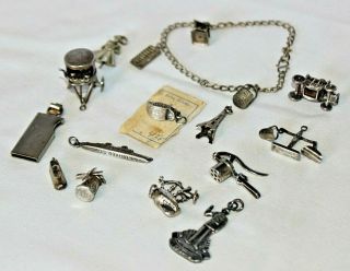 (16) Vintage Estate Silver Plated Movable Charms,  Bracelet,  (1) Sterling EXCEL 2