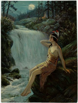 Vintage 1930s F.  R.  Harper Moonlit Waterfall Indian Maiden Art Deco Pin - Up Print