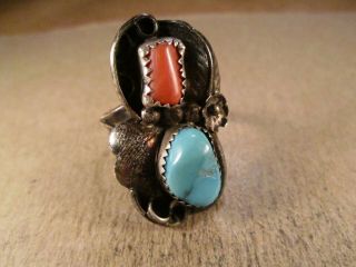 Vintage Sterling Silver & Turquoise/coral Ring,  Unsigned,  Size 9.  5,  7.  2g
