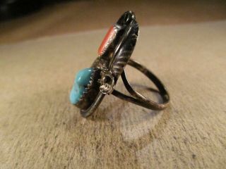 Vintage Sterling Silver & Turquoise/Coral Ring,  Unsigned,  Size 9.  5,  7.  2g 3