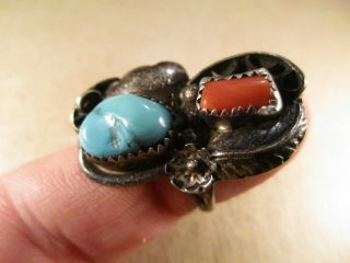 Vintage Sterling Silver & Turquoise/Coral Ring,  Unsigned,  Size 9.  5,  7.  2g 5