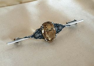 Edwardian Vintage Jewellery Scottish Citrine Crystal Solid Silver Bar Brooch Pin