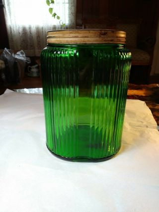 Vintage Mid - Century Owens Illinois Ribbed Green Glass Canister