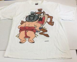 Vtg Tasmanian Devil Porky Pig Sumo Wrestlers T Shirt White Warner Bros Size Xl