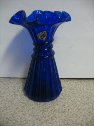 Vintage Handmade FENTON Cobalt Blue Wheat Vase Ruffled Top No Flaws 2